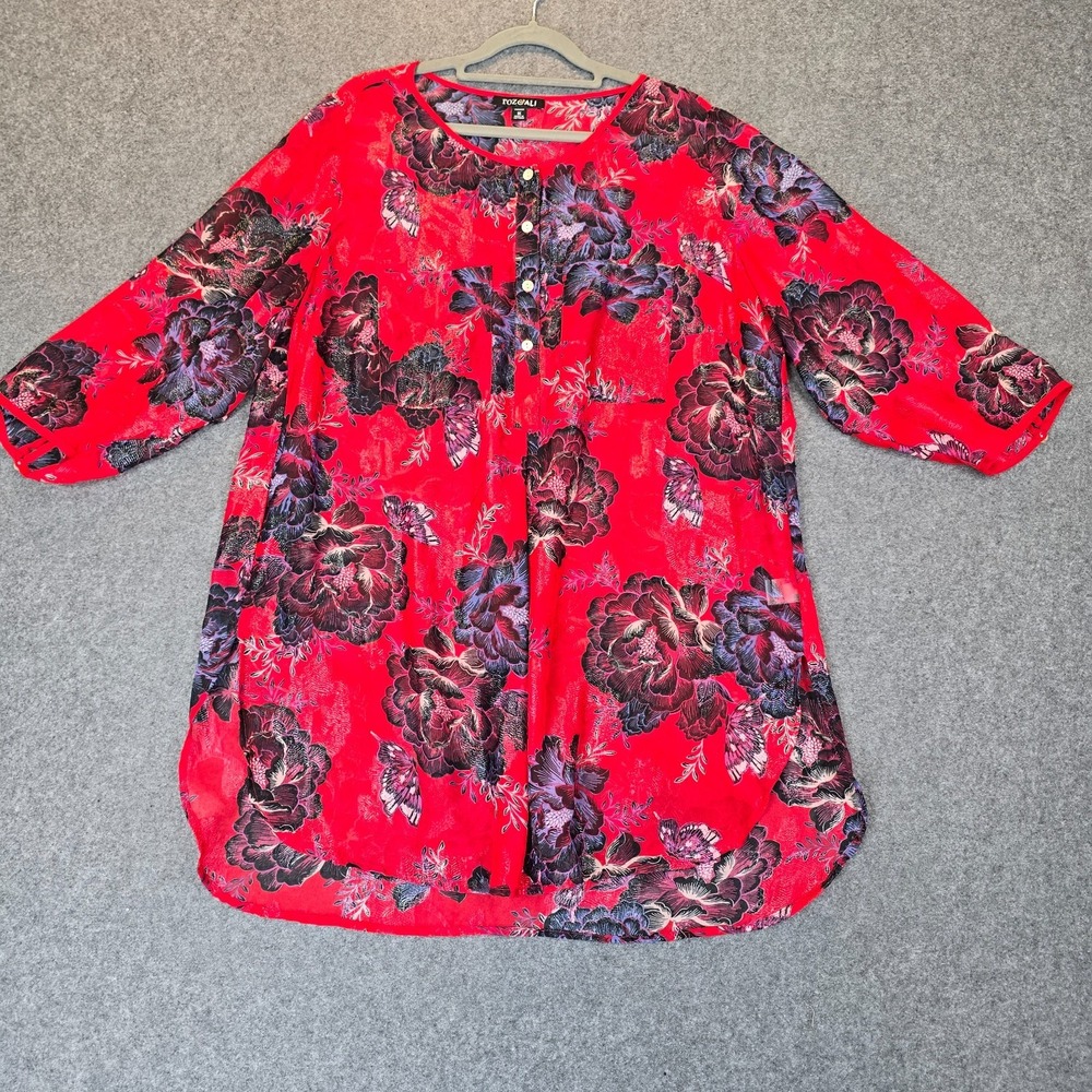 Roz & Ali Sheer Tunic Blouse Top Womens 1X Multicolor Floral Side Slit Outdoor